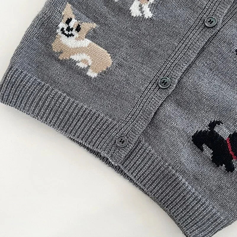 Παιδικά πουλόβερ με στρογγυλή λαιμόκοψη Φθινοπωρινά νέα μοτίβα για σκύλους Βρεφικά ρούχα Ιαπωνικά και κορεάτικα γκρι πλεκτά πουλόβερ Χαριτωμένη τοπ ζακέτα