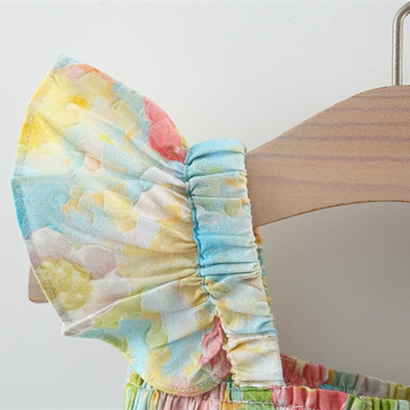 Suvine 2-osaline/komplekt beebitüdruku traksid lühikesed püksid tüdruku kogu keha õlimaal pojengimustriga lendavate varrukatega traksekomplekt