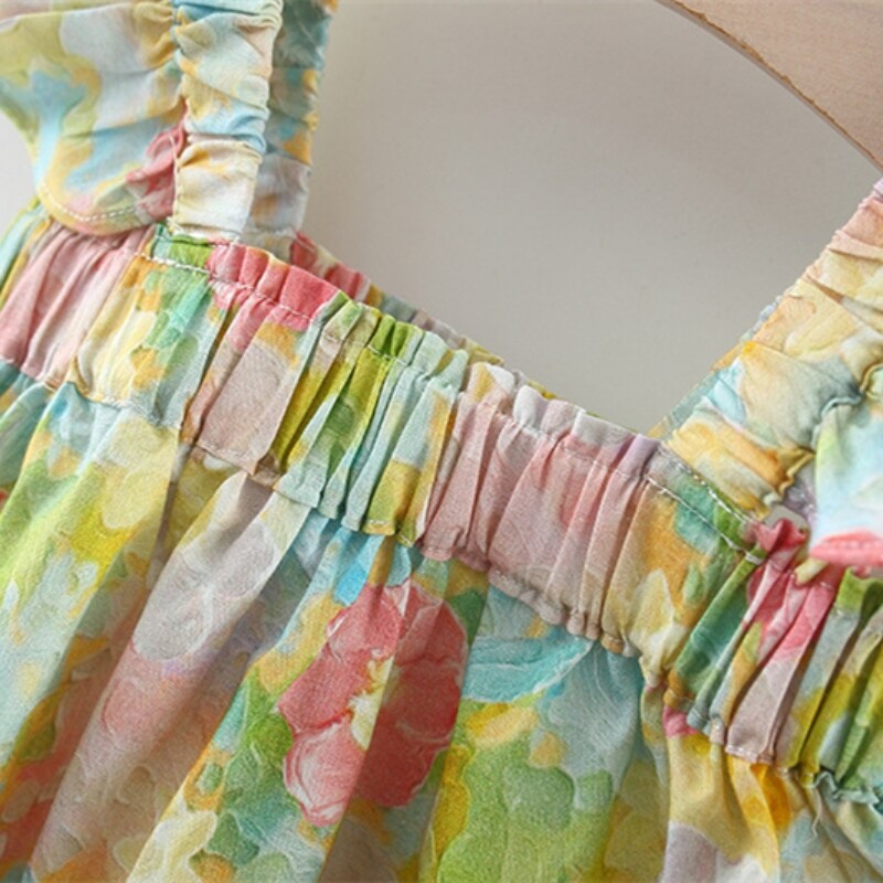 Suvine 2-osaline/komplekt beebitüdruku traksid lühikesed püksid tüdruku kogu keha õlimaal pojengimustriga lendavate varrukatega traksekomplekt