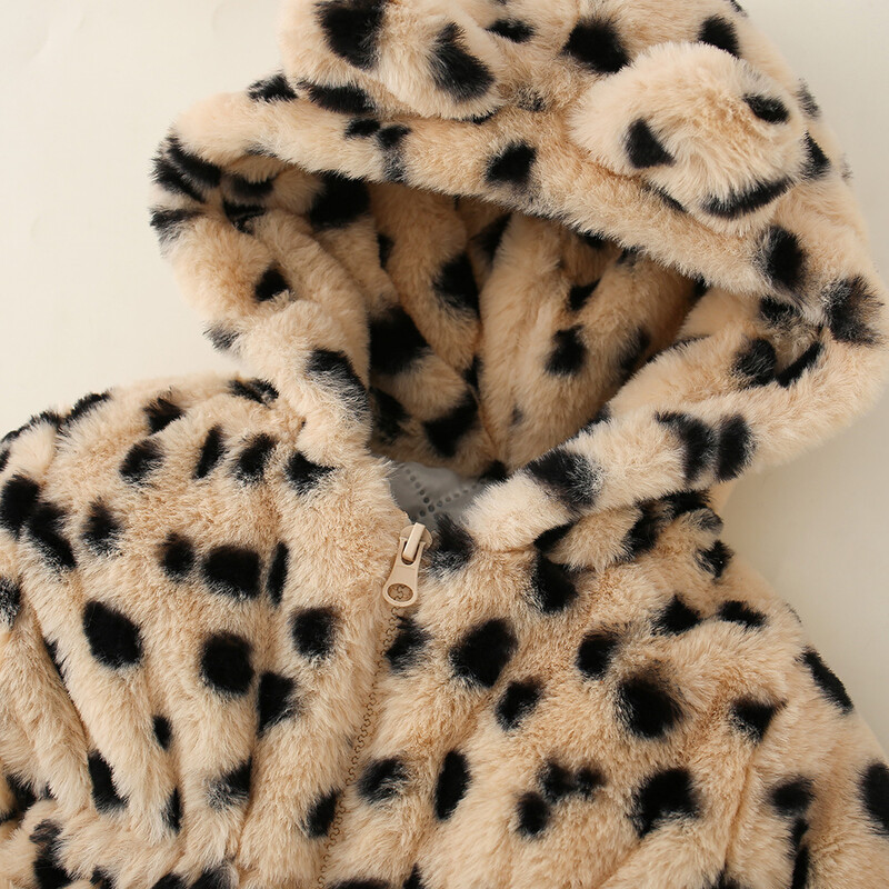 Talvine laste leopardimustriga villane kampsun Uus puuvillane mantel Jänese kõrva kapuutsiga tõmblukuga vöökoht kokkutõmbuv paks jope