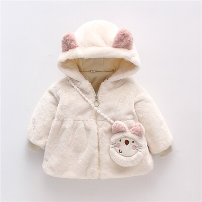 2tk/komplekt Talvine tüdruku puuvillane jope armas kassikõrva kapuutsiga beebitüdruku ühevärviline fliisist kampsun jakk kotiga
