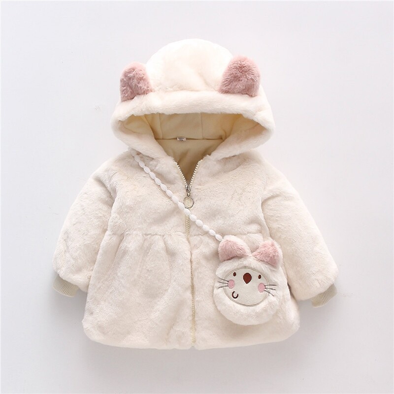 2tk/komplekt Talvine tüdruku puuvillane jope armas kassikõrva kapuutsiga beebitüdruku ühevärviline fliisist kampsun jakk kotiga