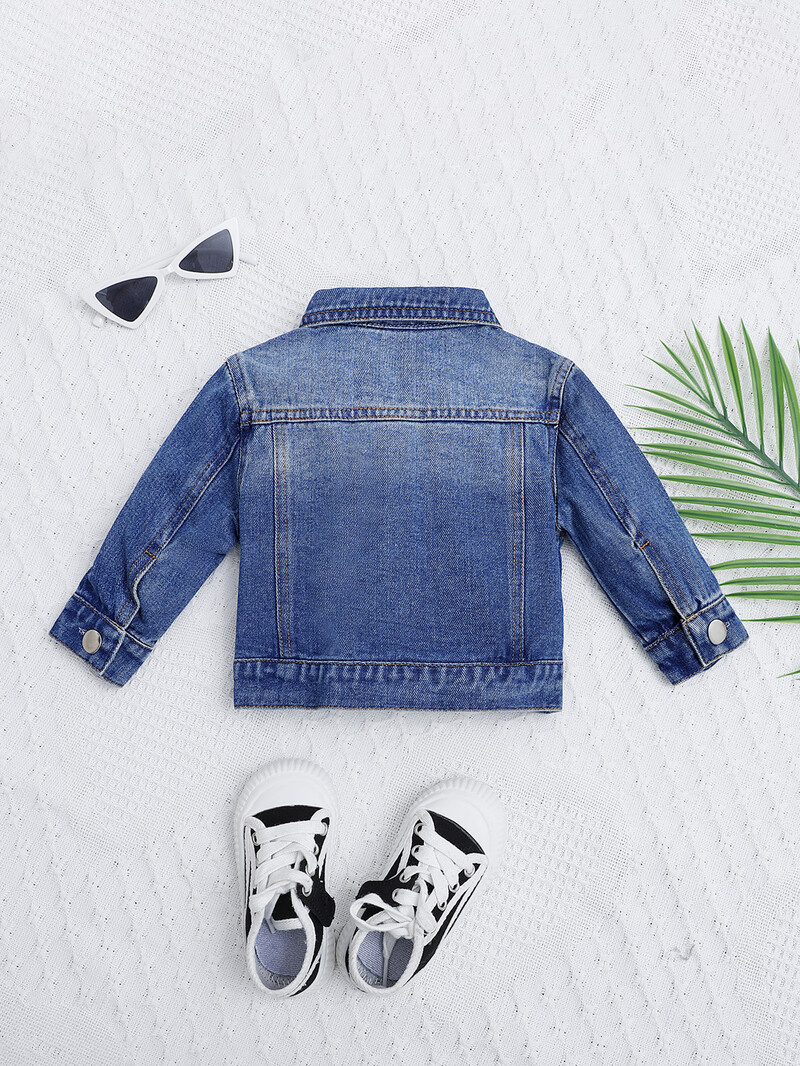 Tüdruku teksajakk beebi laps kevad-sügis reväär ees tasku tupsupea väike valge pandlaga teksasinine