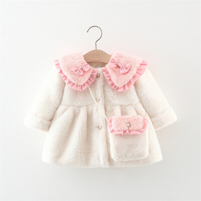 2 tk/komplekt Armsad talvised laste karvased riided Sweet Bow Pehme soe mantel 0-3 aastane lapse mantel + kott Laste uusaasta riided
