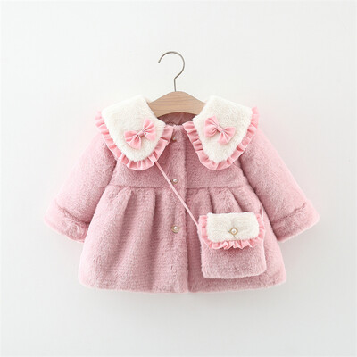 2 tk/komplekt Armsad talvised laste karvased riided Sweet Bow Pehme soe mantel 0-3 aastane lapse mantel + kott Laste uusaasta riided