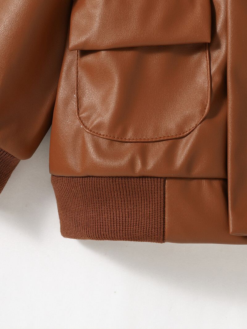 Baby Boys 2024 új divatos őszi/téli hosszú ujjú barna bőrkabát zsebes utcai ruházattal kültéri használatra 3M-3Y