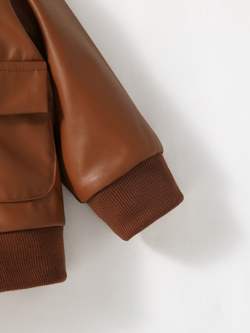 Baby Boys 2024 új divatos őszi/téli hosszú ujjú barna bőrkabát zsebes utcai ruházattal kültéri használatra 3M-3Y