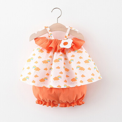 Vasaras 2/gab komplekts meiteņu topiņam un šortiem, meiteņu vienkrāsains mežģīņu multfilmas varavīksnes mākoņdrukas bikšturi tops