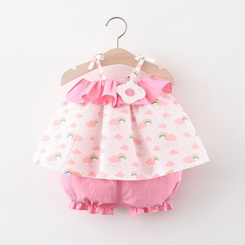 Vasaras 2/gab komplekts meiteņu topiņam un šortiem, meiteņu vienkrāsains mežģīņu multfilmas varavīksnes mākoņdrukas bikšturi tops