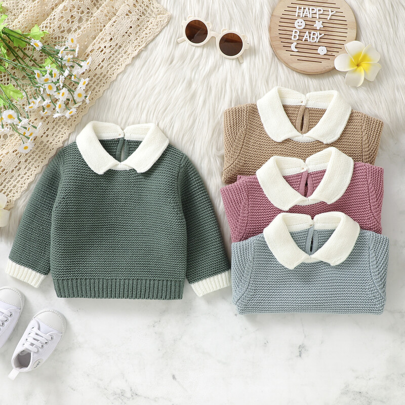 MISOWMNJOY Pavasara trikotāžas bērnu džemperi Džemperi Jauki Atloks Apkakle Kontrasta Krāsa Puloveru Topi Ikdienas mazuļu drēbes zīdaiņiem