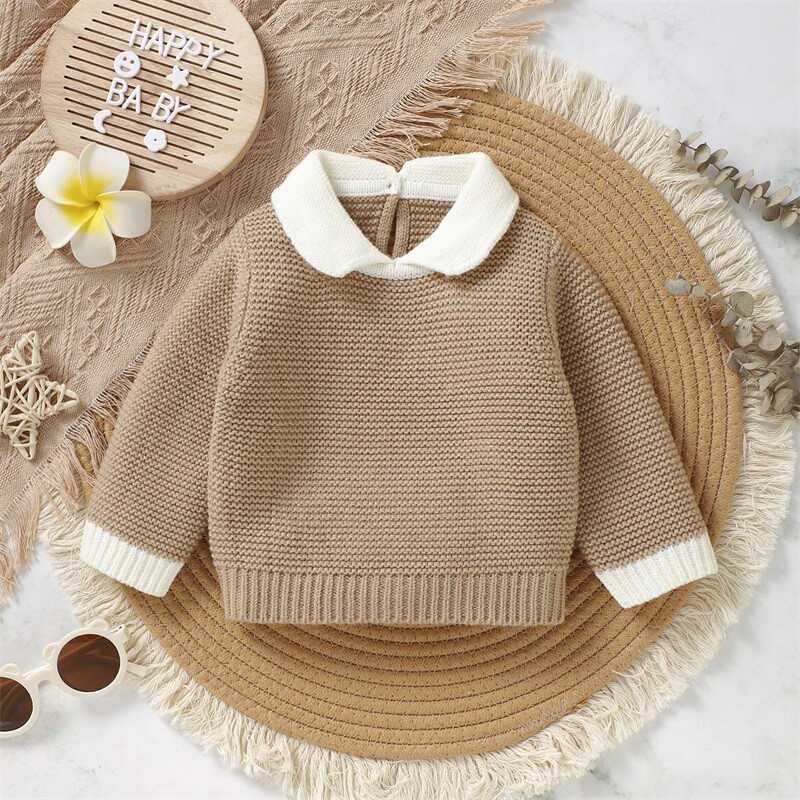 MISOWMNJOY Pavasara trikotāžas bērnu džemperi Džemperi Jauki Atloks Apkakle Kontrasta Krāsa Puloveru Topi Ikdienas mazuļu drēbes zīdaiņiem
