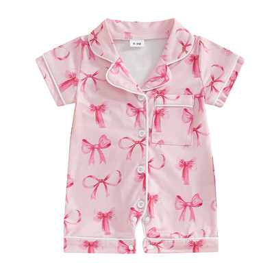 MISOWMNJOY Baby Girl hálóruha nyári nadrág alkalmi rövid ujjú hajtóka gallér eper/szív mintás jumpsuit csecsemő pizsama