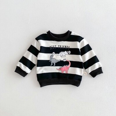 Φθινοπωρινά νέα αρσενικά και θηλυκά μωρά χαριτωμένα στάμπα δεινοσαύρων με ριγέ μακρυμάνικο μπλουζάκι με κουκούλα μωρό μπλουζάκι Μόδα Βρεφικά ρούχα