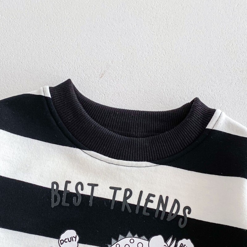 Φθινοπωρινά νέα αρσενικά και θηλυκά μωρά χαριτωμένα στάμπα δεινοσαύρων με ριγέ μακρυμάνικο μπλουζάκι με κουκούλα μωρό μπλουζάκι Μόδα Βρεφικά ρούχα