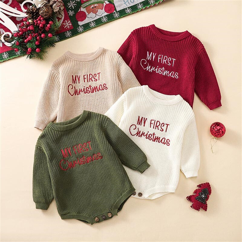 Χριστουγεννιάτικο Kint Βρεφικό πουλόβερ Romper Χειμερινά ζεστά ρούχα για νεογέννητο γράμμα κέντημα μακρυμάνικο casual βρεφική φόρμα για κορίτσι αγόρι