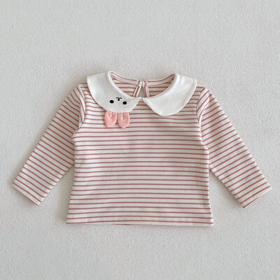 Jauns rudens mazuļu apģērbs, 0-3 gadus vecas meitenes zaķu apkakles meitenes svītrains tops, T-krekls