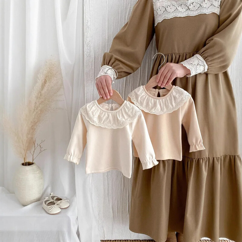 Baby Thermal felső csipkegallérral, tavaszi réteges ing lányoknak, Princess stílusú babapóló, puha alapréteg póló