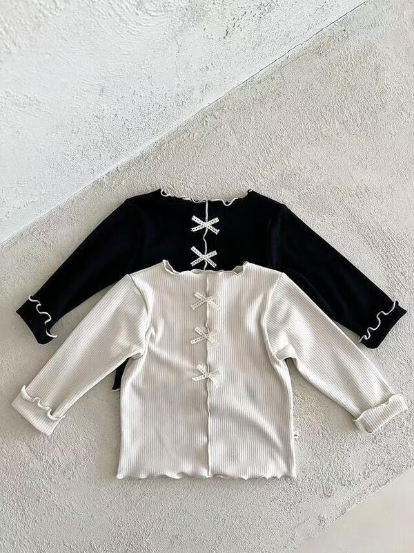 Jesen 2025. Nove dječje majice dugih rukava Jednobojne djevojačke slatke mašne Pamučne donje majice Rebraste majice za dojenčad Dječja odjeća