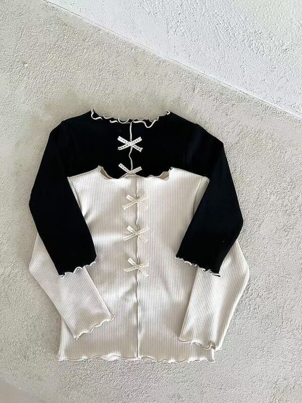 Jesen 2025. Nove dječje majice dugih rukava Jednobojne djevojačke slatke mašne Pamučne donje majice Rebraste majice za dojenčad Dječja odjeća