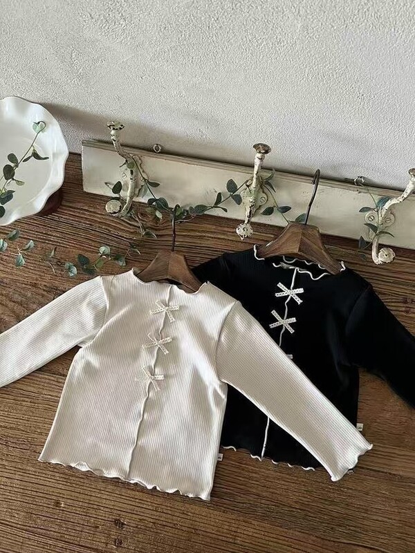 Jesen 2025. Nove dječje majice dugih rukava Jednobojne djevojačke slatke mašne Pamučne donje majice Rebraste majice za dojenčad Dječja odjeća