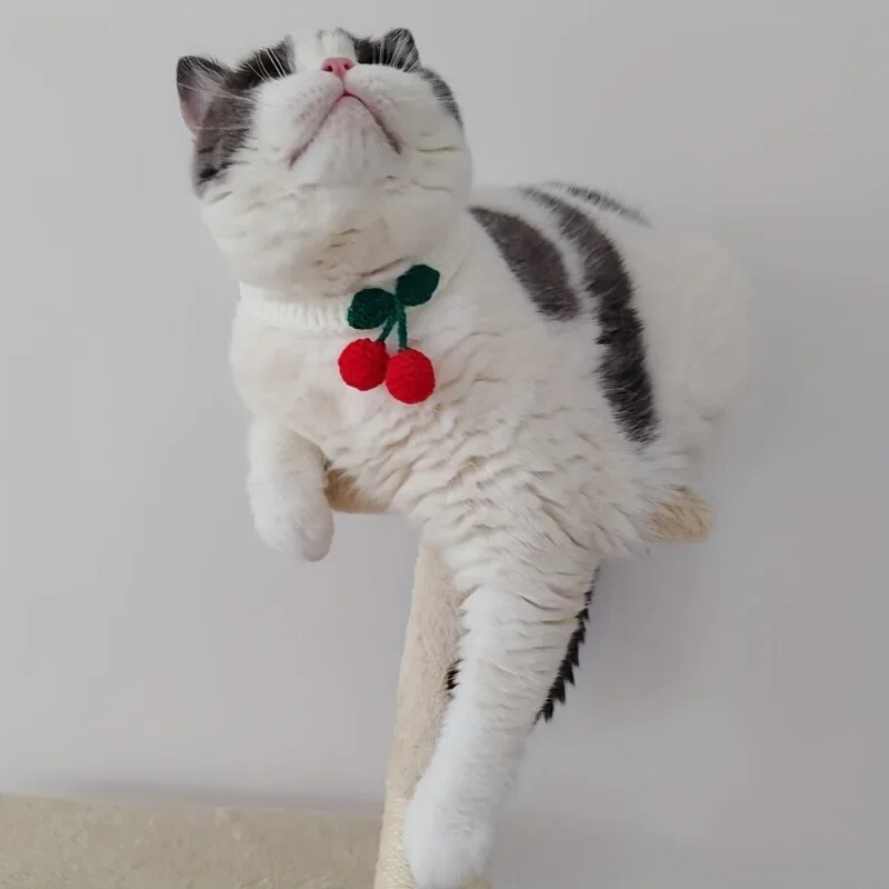 Mājdzīvnieku kaklasiksna ar rokām adīta kaķa kaklasiksna ar ķiršu dekoru Cute Cat Kaklarota Kaķu piederumi ошейник для кошек para gatos accesorios