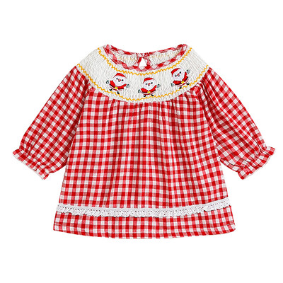 Mazu bērnu meiteņu krekli Ziemassvētku drēbes rūtaini Ziemassvētku vecīša izšuvumi ar kaklu ar garām piedurknēm Blūzes rudens ikdienas topi