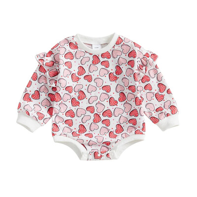Meitenes Valentīna dienas rombiņas ar garām piedurknēm ar apaļu kakla izgriezumu ar sirds apdruku, bodijs jaundzimušā apģērbs no 0 līdz 18 mēnešiem