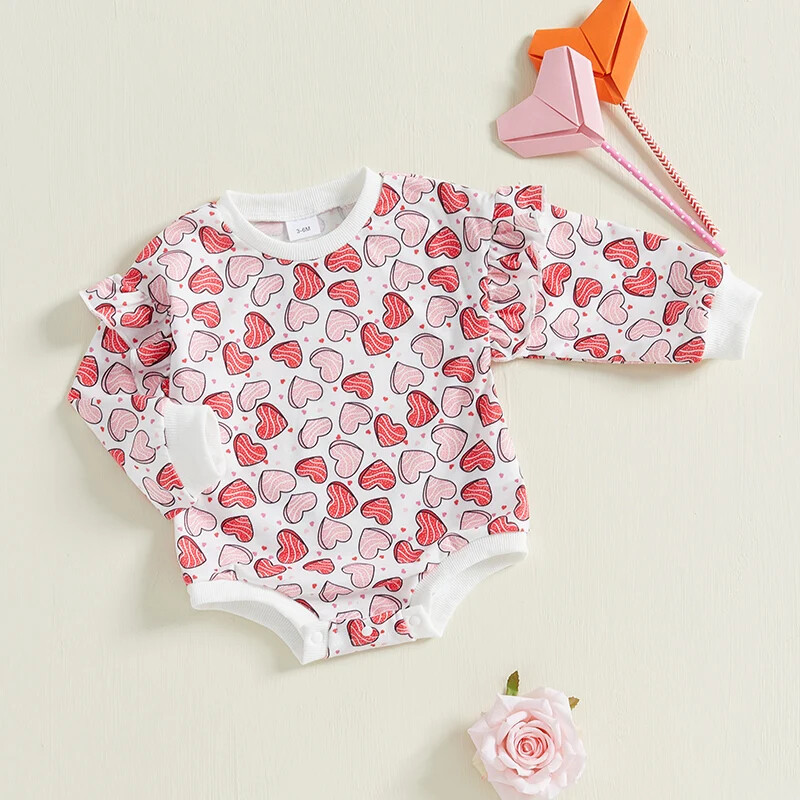 Meitenes Valentīna dienas rombiņas ar garām piedurknēm ar apaļu kakla izgriezumu ar sirds apdruku, bodijs jaundzimušā apģērbs no 0 līdz 18 mēnešiem