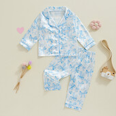 Kisgyermek lány szatén pizsama szett masnis hosszú ujjú gombos lefelé felsők rugalmas deréknadrág bő őszi 2 részes szett