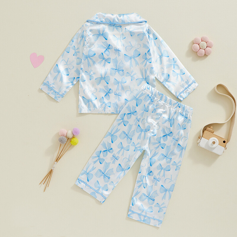 Kisgyermek lány szatén pizsama szett masnis hosszú ujjú gombos lefelé felsők rugalmas deréknadrág bő őszi 2 részes szett