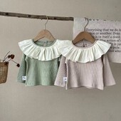 Pavasara rudens zīdaiņu apģērbs zīdaiņu svītrainam garām piedurknēm T-krekls meitenēm ar lielu lotosa lapu apkakli un krāsainu bloka augšdaļu