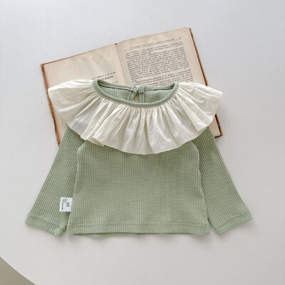 Pavasara rudens zīdaiņu apģērbs zīdaiņu svītrainam garām piedurknēm T-krekls meitenēm ar lielu lotosa lapu apkakli un krāsainu bloka augšdaļu