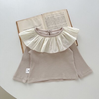 Pavasara rudens zīdaiņu apģērbs zīdaiņu svītrainam garām piedurknēm T-krekls meitenēm ar lielu lotosa lapu apkakli un krāsainu bloka augšdaļu