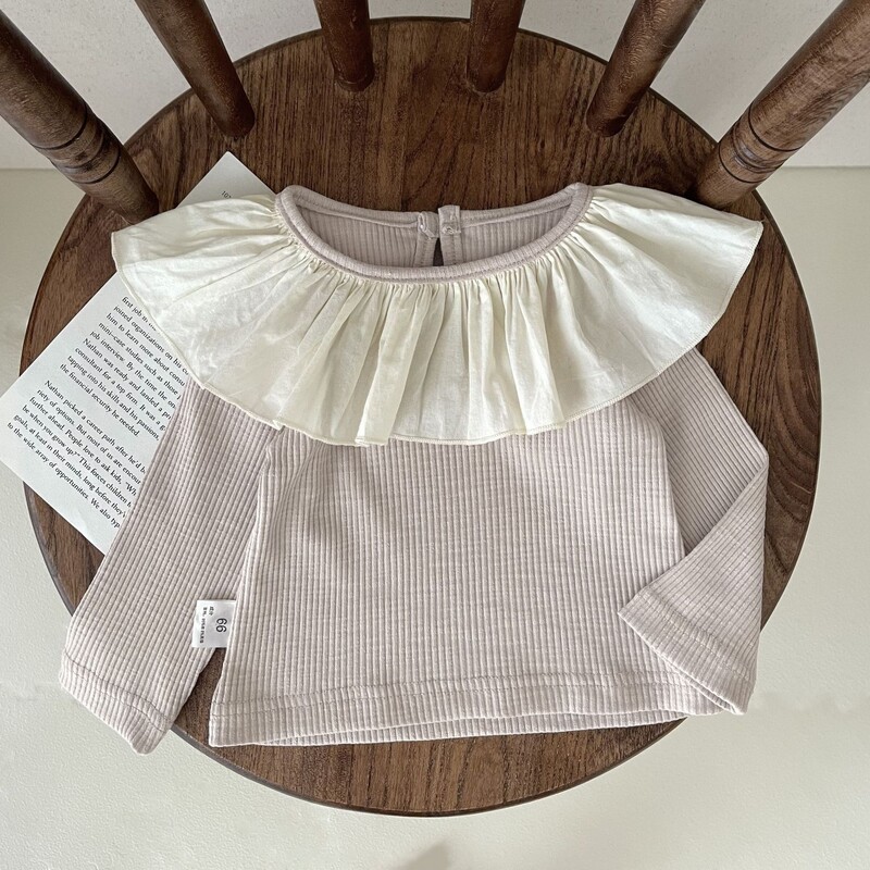 Pavasara rudens zīdaiņu apģērbs zīdaiņu svītrainam garām piedurknēm T-krekls meitenēm ar lielu lotosa lapu apkakli un krāsainu bloka augšdaļu