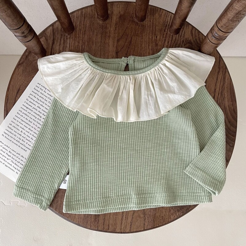 Pavasara rudens zīdaiņu apģērbs zīdaiņu svītrainam garām piedurknēm T-krekls meitenēm ar lielu lotosa lapu apkakli un krāsainu bloka augšdaļu