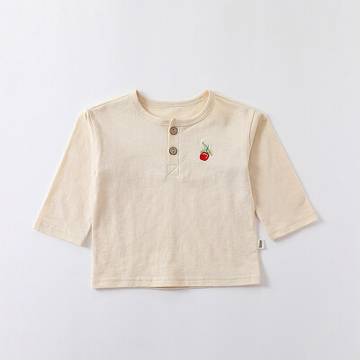 Pavasara rudens mazuļu T-krekls ar garām piedurknēm, augļi izšuvumi Jaundzimušo meiteņu zēnu puloveri Mīkstas kokvilnas Tīkliņi ar pogām O veida kakla izgriezumā