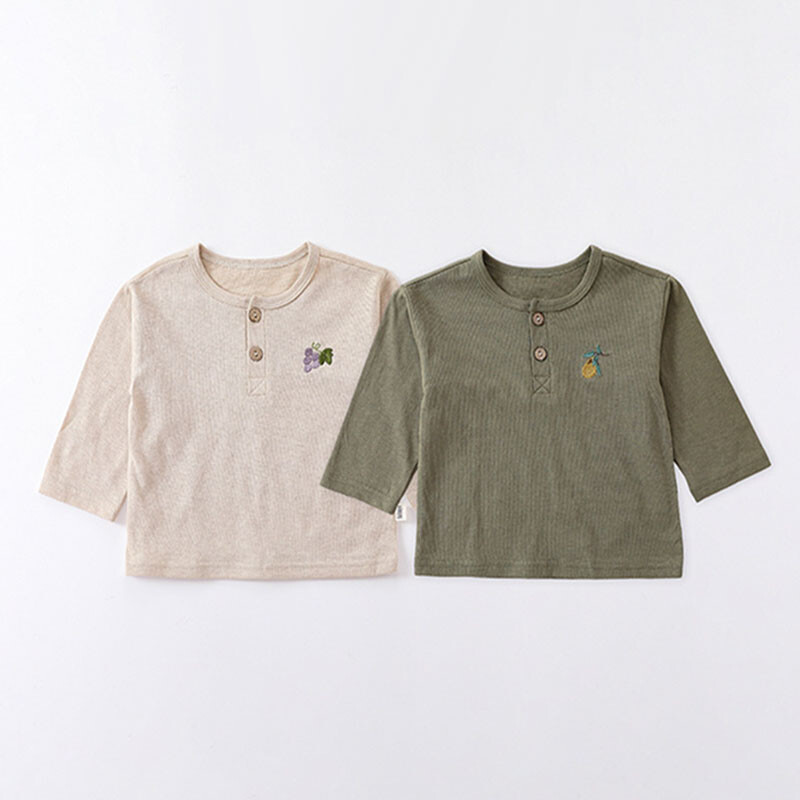 Pavasara rudens mazuļu T-krekls ar garām piedurknēm, augļi izšuvumi Jaundzimušo meiteņu zēnu puloveri Mīkstas kokvilnas Tīkliņi ar pogām O veida kakla izgriezumā