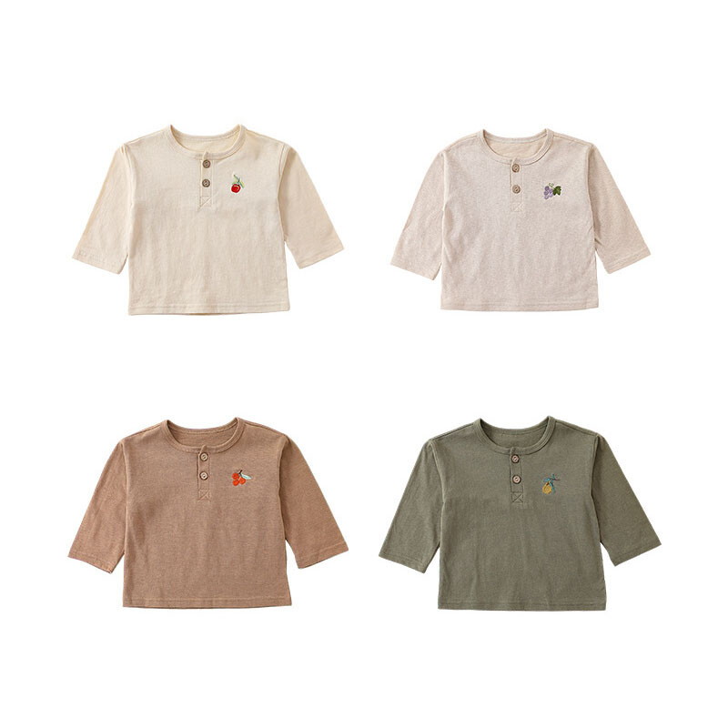 Pavasara rudens mazuļu T-krekls ar garām piedurknēm, augļi izšuvumi Jaundzimušo meiteņu zēnu puloveri Mīkstas kokvilnas Tīkliņi ar pogām O veida kakla izgriezumā