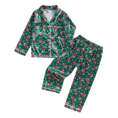 Mazu meiteņu Ziemassvētku satīna pidžamas komplekts Bow Candy Cane ar garām piedurknēm, poga uz leju, topi, elastīgas jostasvietas garās bikses 2 gab.