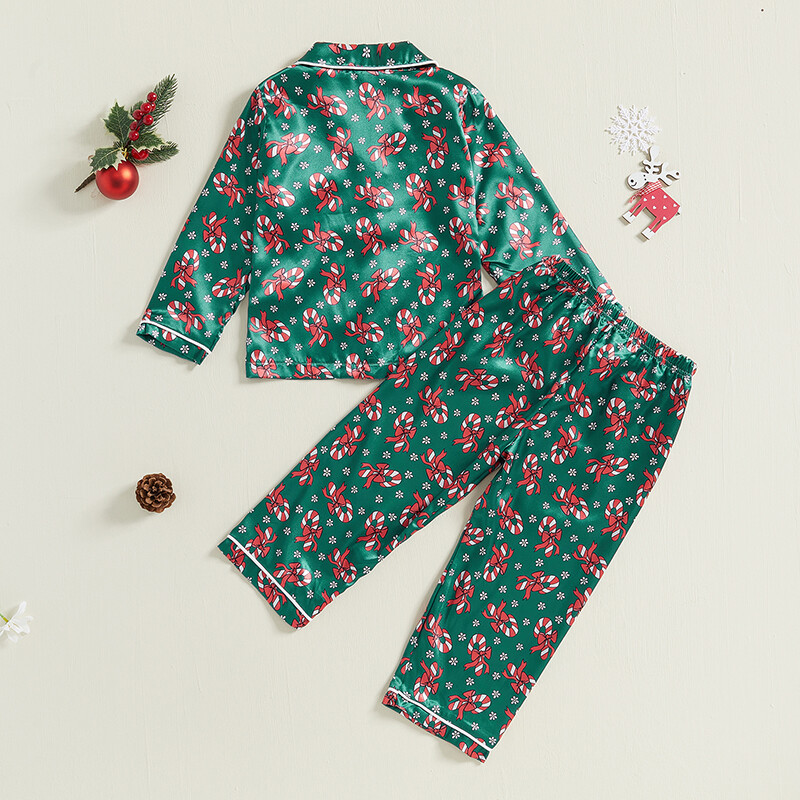 Mazu meiteņu Ziemassvētku satīna pidžamas komplekts Bow Candy Cane ar garām piedurknēm, poga uz leju, topi, elastīgas jostasvietas garās bikses 2 gab.