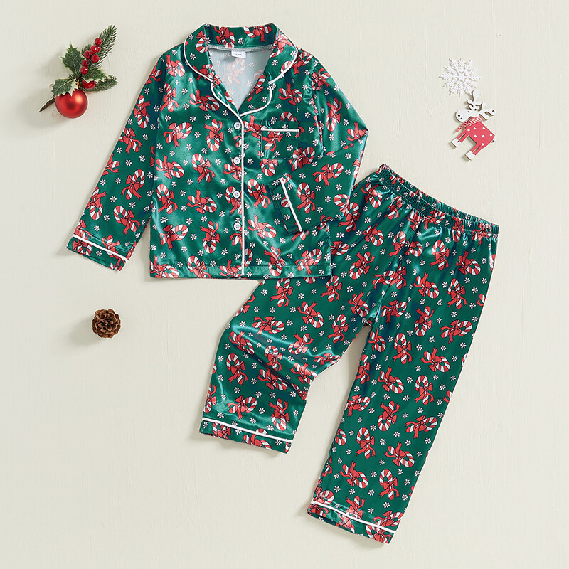 Mazu meiteņu Ziemassvētku satīna pidžamas komplekts Bow Candy Cane ar garām piedurknēm, poga uz leju, topi, elastīgas jostasvietas garās bikses 2 gab.