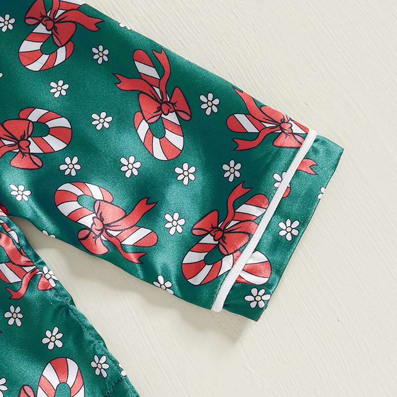 Mazu meiteņu Ziemassvētku satīna pidžamas komplekts Bow Candy Cane ar garām piedurknēm, poga uz leju, topi, elastīgas jostasvietas garās bikses 2 gab.