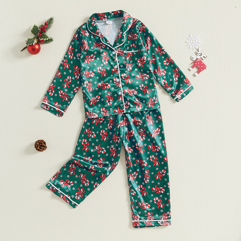 Mazu meiteņu Ziemassvētku satīna pidžamas komplekts Bow Candy Cane ar garām piedurknēm, poga uz leju, topi, elastīgas jostasvietas garās bikses 2 gab.