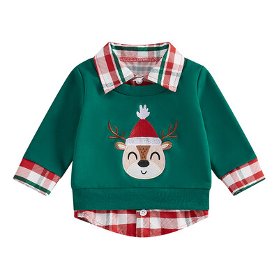 Toddler Boys Ziemassvētku džemperis, rūtains Ziemassvētku vecīša/ziemeļbrieža džemperis ar garām piedurknēm ar atloku, kakla gadījuma rakstura divpusēji džemperi
