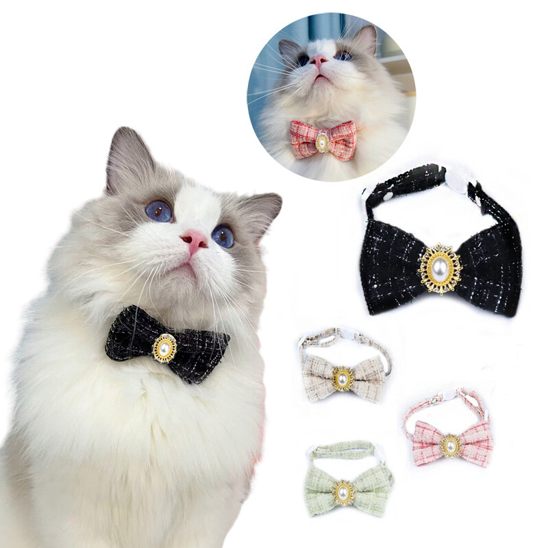 Retro Bowknot macskanyakörv Gyönggyel, Állítható kiskutya, Csokornyakkendő, Biztonsági csat, Cica nyaklánc, Kisállat születésnapi kiegészítők