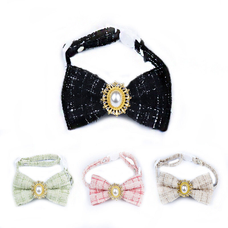 Retro Bowknot macskanyakörv Gyönggyel, Állítható kiskutya, Csokornyakkendő, Biztonsági csat, Cica nyaklánc, Kisállat születésnapi kiegészítők