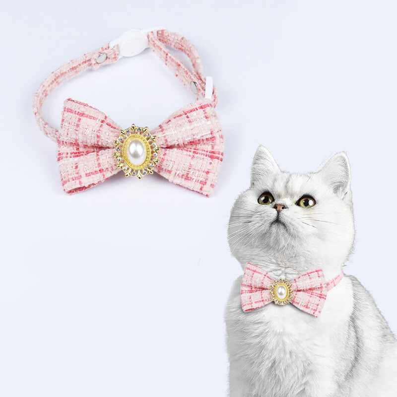 Retro Bowknot macskanyakörv Gyönggyel, Állítható kiskutya, Csokornyakkendő, Biztonsági csat, Cica nyaklánc, Kisállat születésnapi kiegészítők