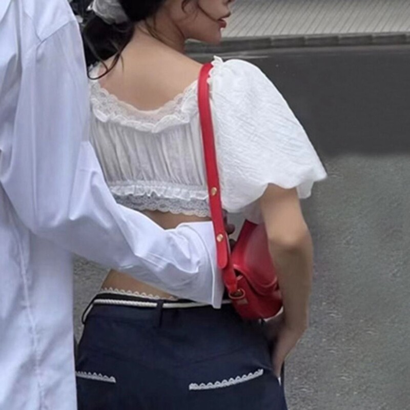 Modes volānu mežģīņu T-krekls Pulovers Slim Fit T-krekls ar īsām piedurknēm Streetwear Chic Bowk Y2K Crop Top Holiday