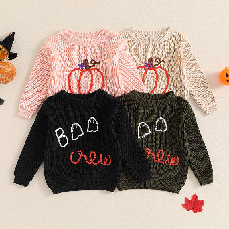 Mazuļu zēnu meiteņu Helovīna džemperi ar ķirbju izšuvumu garām piedurknēm ar apavu izgriezumu, trikotāžas džemperi rudens ziemai, jauki džemperi
