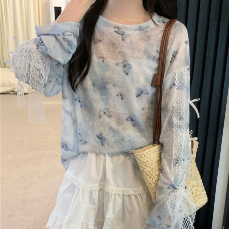 Stilīgs caurspīdīgs T-krekls ar garām piedurknēm Bowknot Butterfly Mežģīnes Cover Up Topi Saules aizsargkrēms apaļa kakla apkakle Star Dot Pullover Streetwear